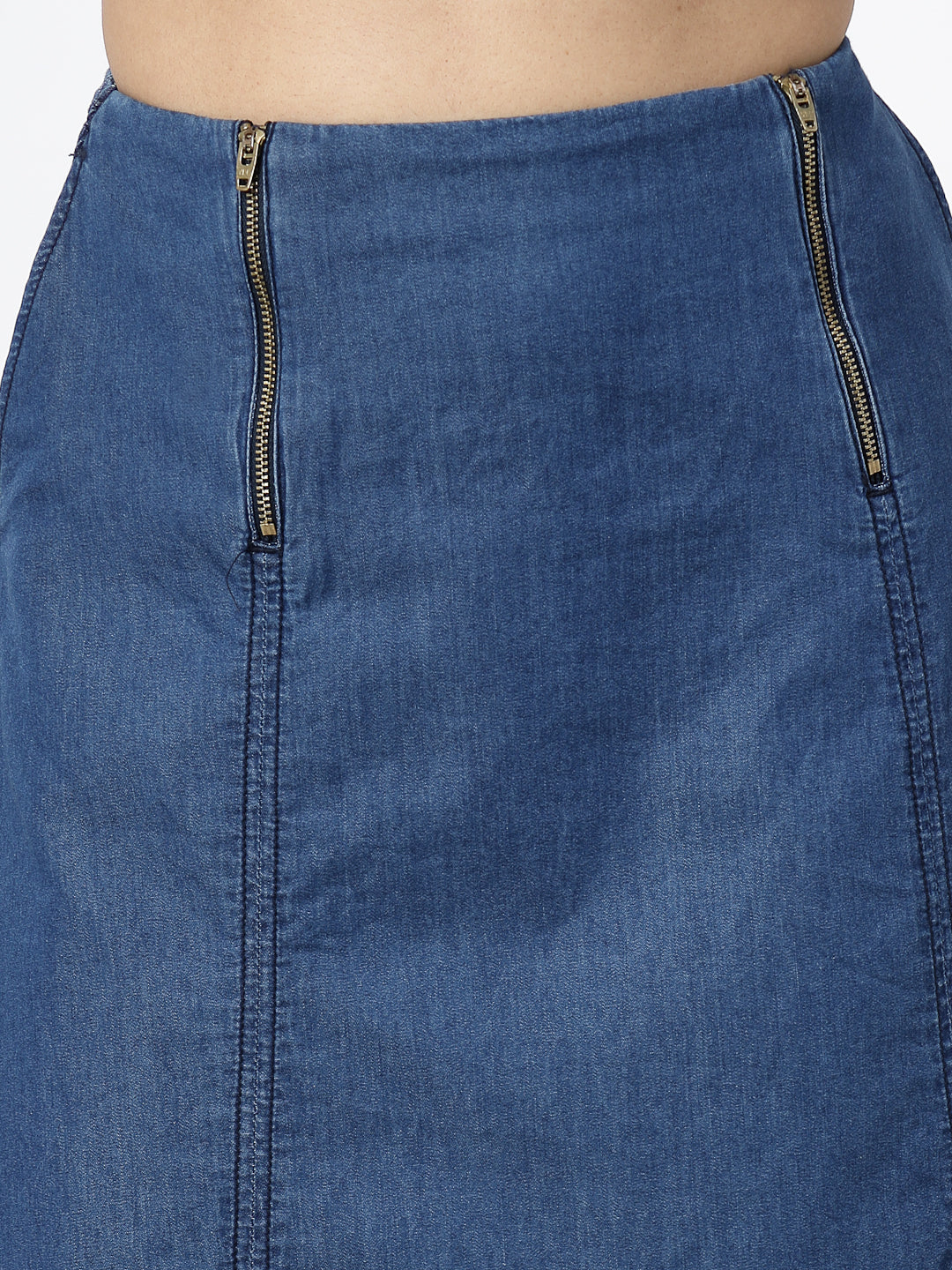 Blue Solid Denim Midi Skirt with Zippers and Waist Smoking - Cosmic Trio