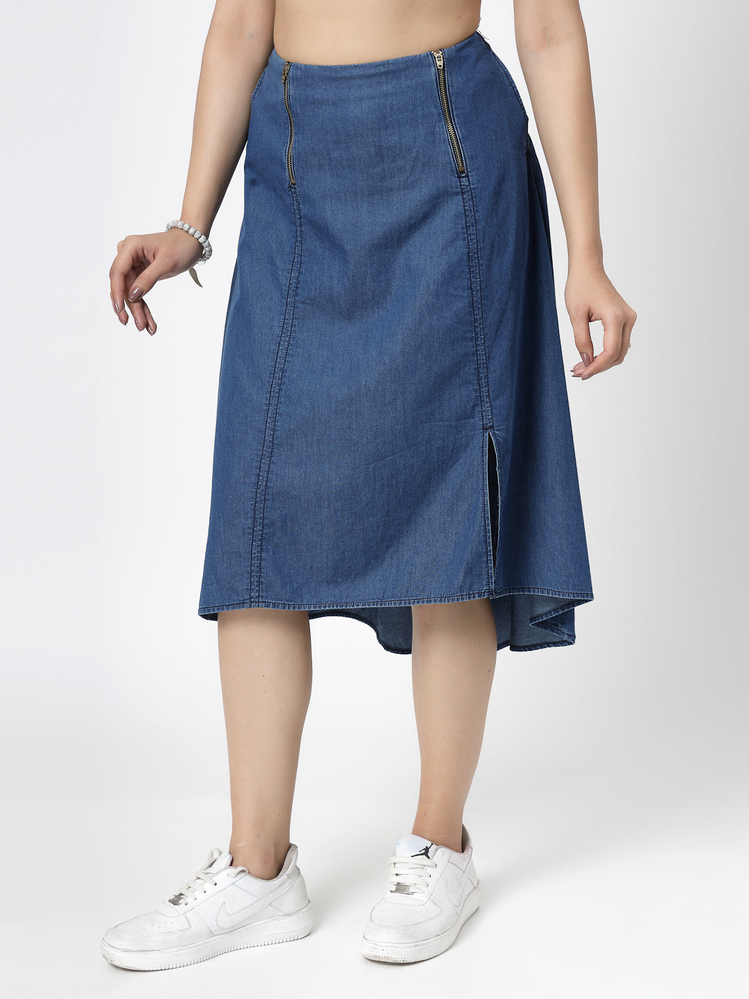 Blue Solid Denim Midi Skirt with Zippers and Waist Smoking - Cosmic Trio