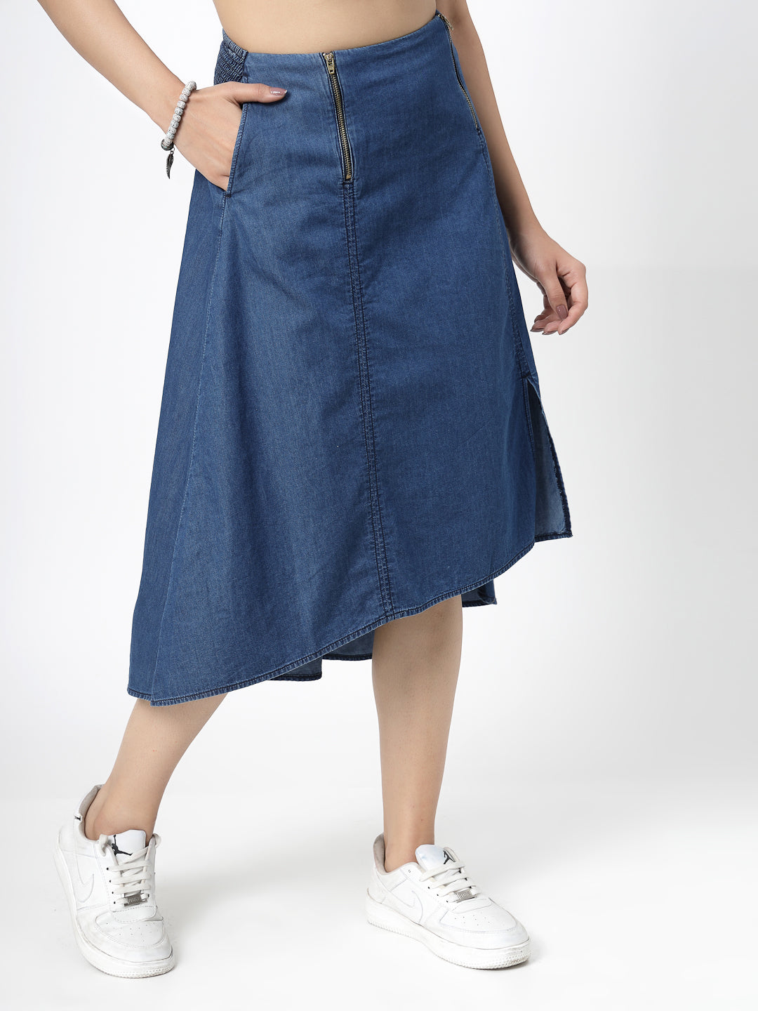 Blue Solid Denim Midi Skirt with Zippers and Waist Smoking - Cosmic Trio