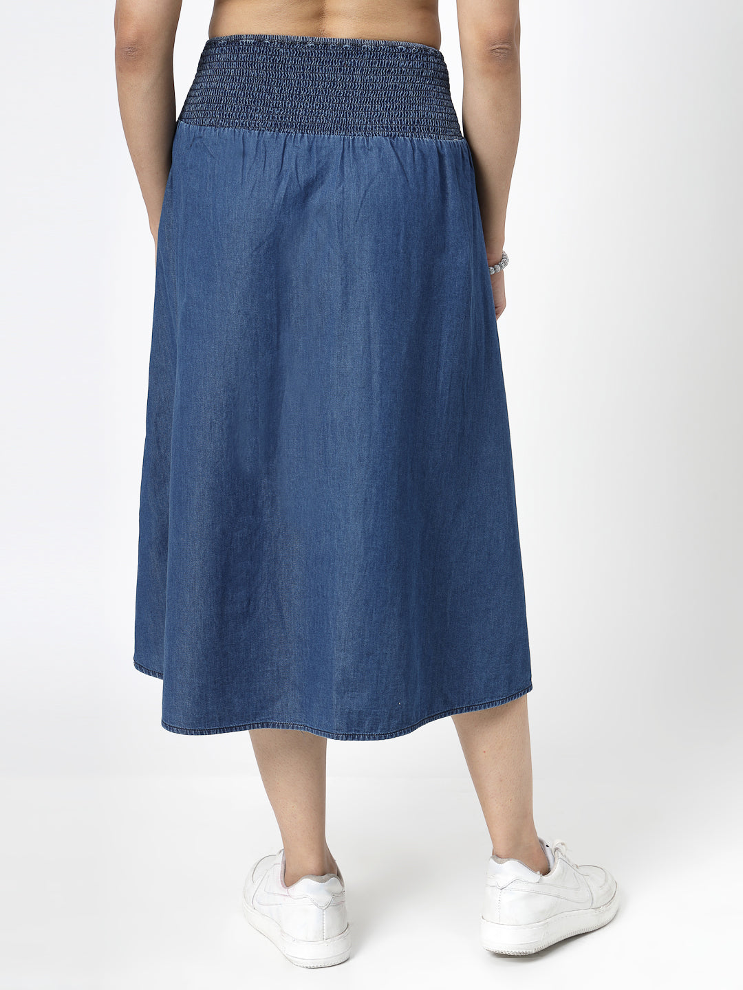 Blue Solid Denim Midi Skirt with Zippers and Waist Smoking - Cosmic Trio