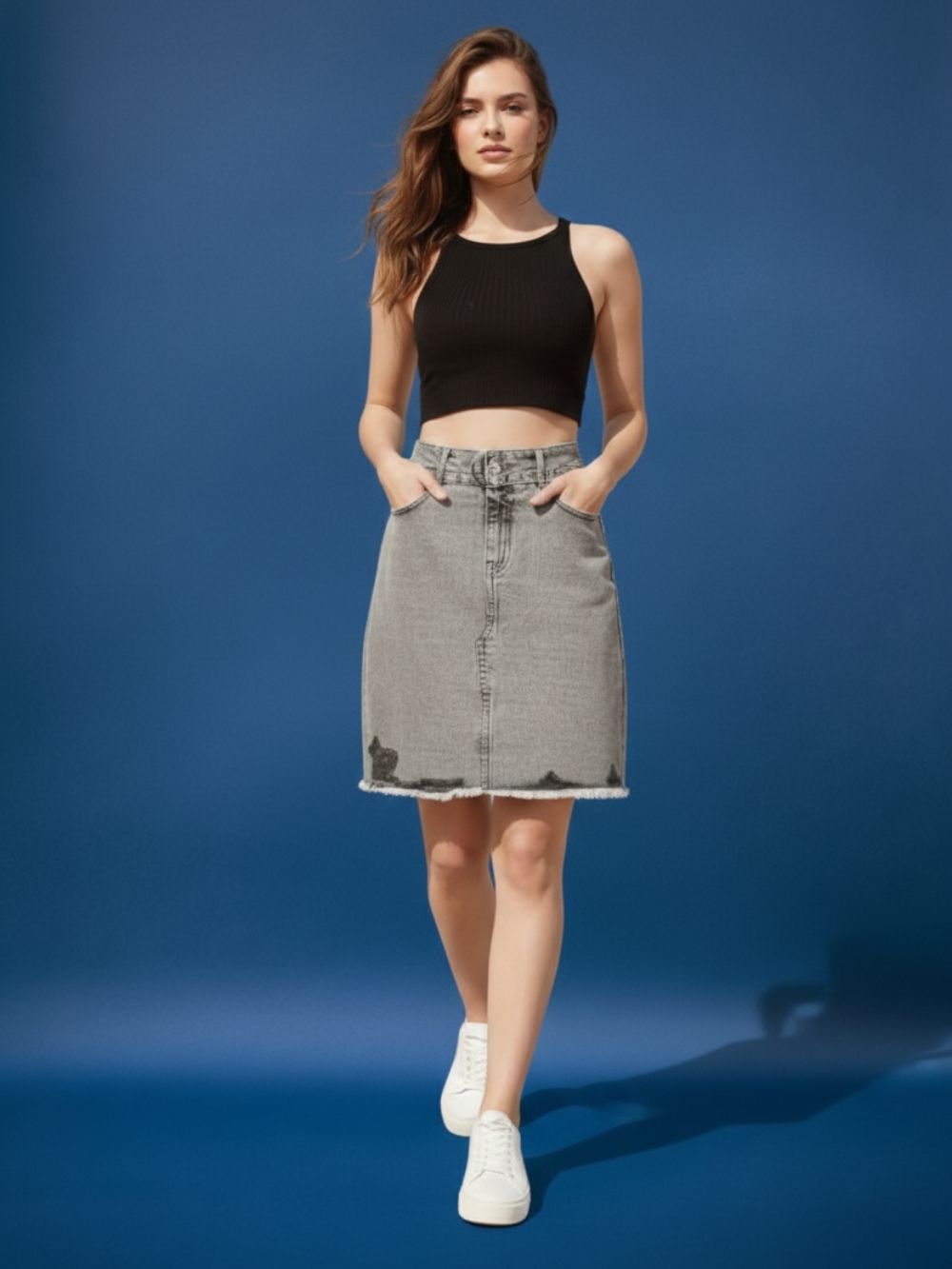 Women Grey Straight-Fit Denim Skirt