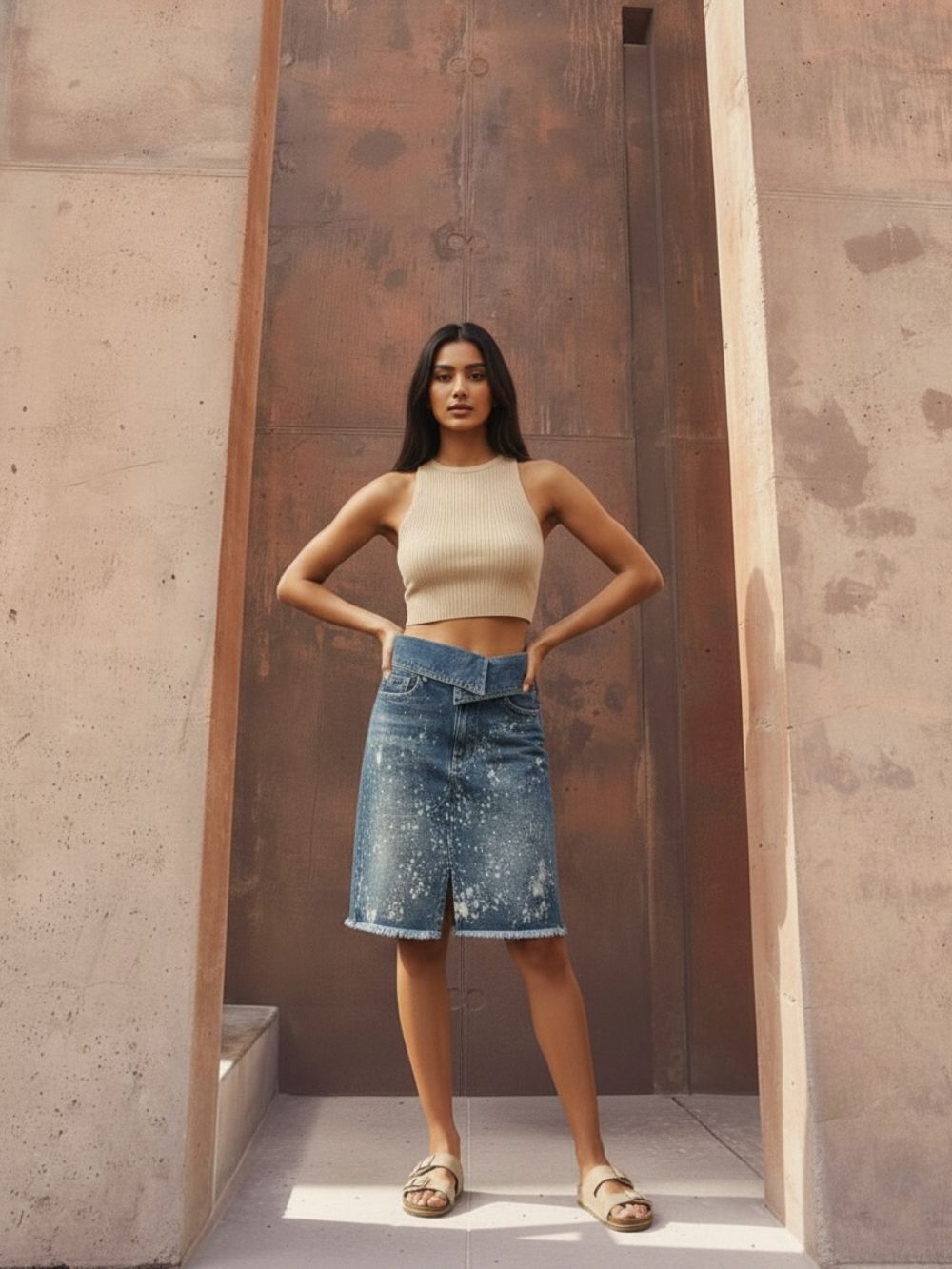 Women Indigo Distressed Denim Skirt