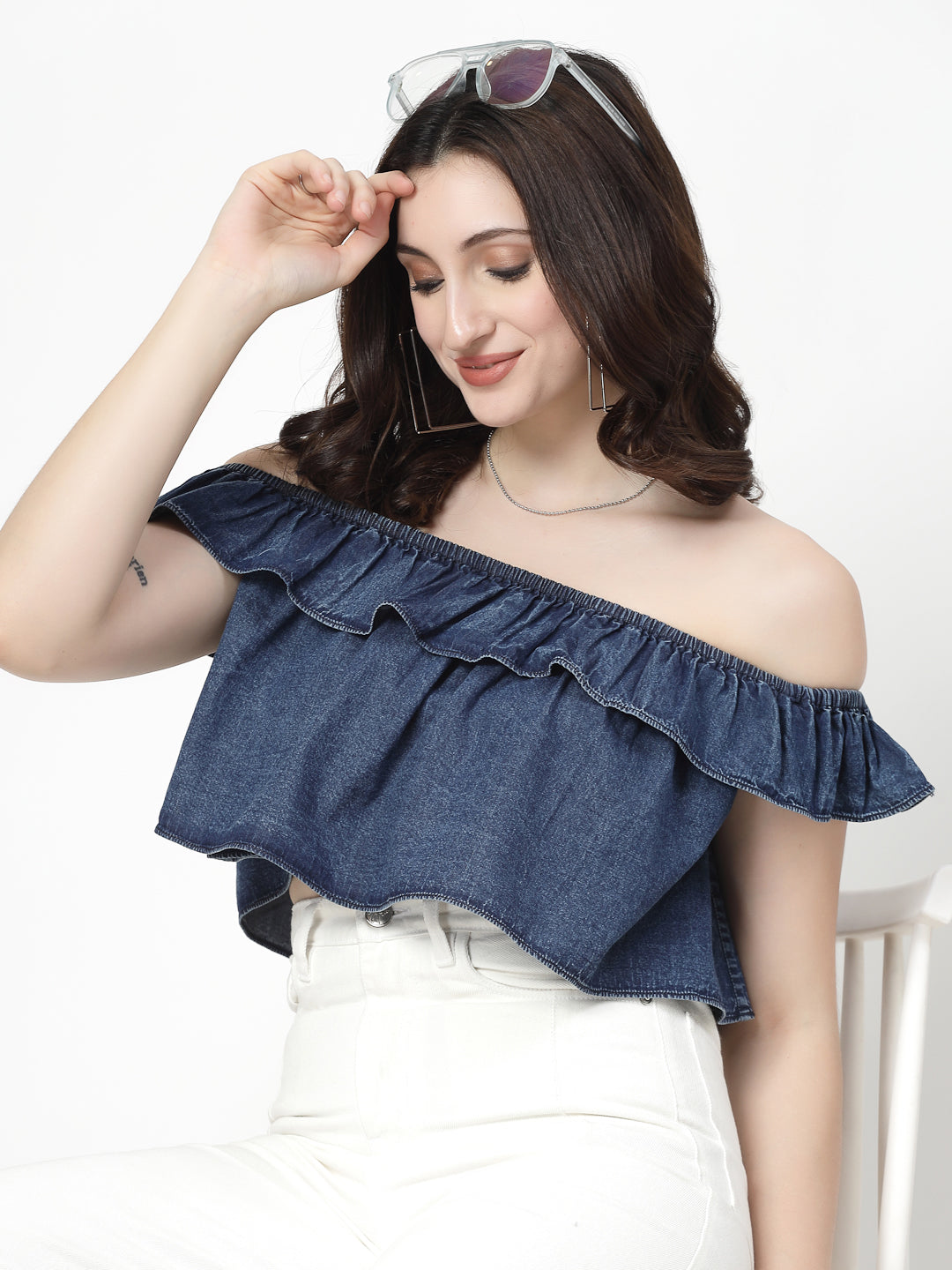 Off Shoulder Dark Indigo Crop Top With Frills - Cosmic Trio