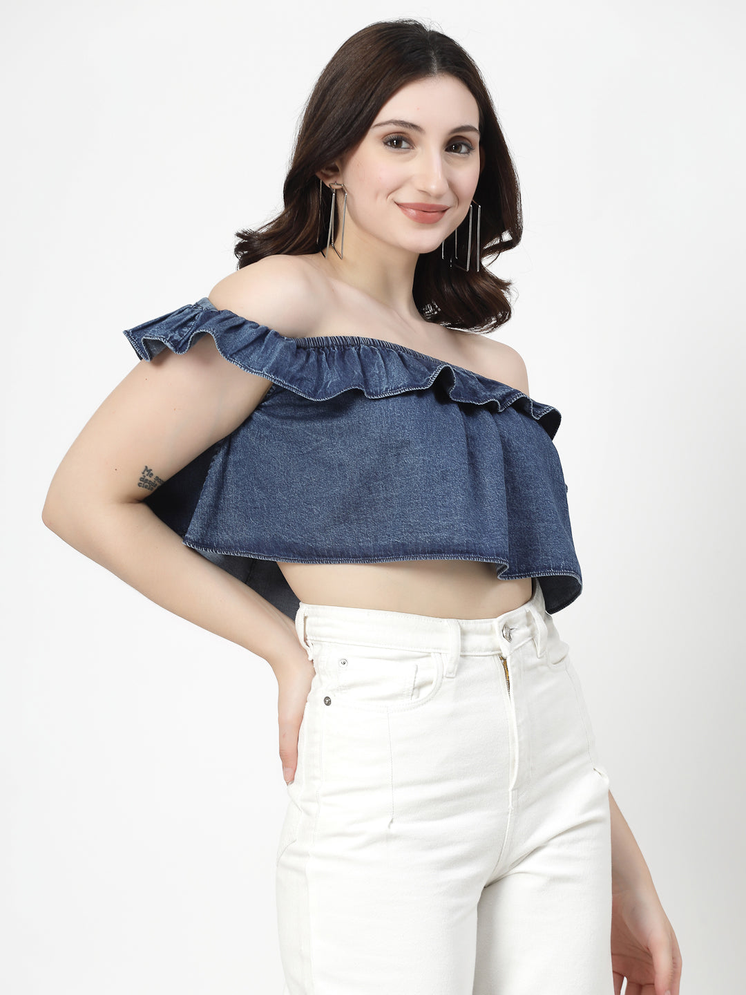 Off Shoulder Dark Indigo Crop Top With Frills - Cosmic Trio