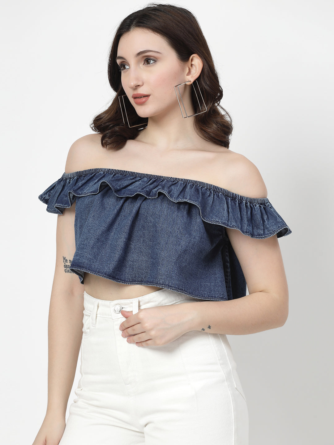 Off Shoulder Dark Indigo Crop Top With Frills - Cosmic Trio