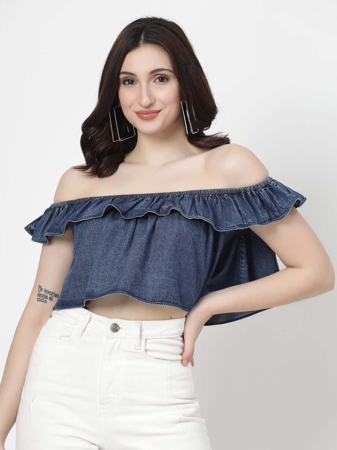 Off Shoulder Dark Indigo Crop Top With Frills - Cosmic Trio