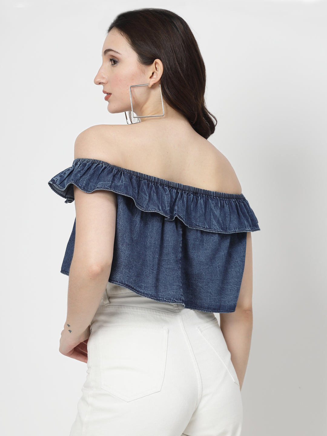 Off Shoulder Dark Indigo Crop Top With Frills - Cosmic Trio