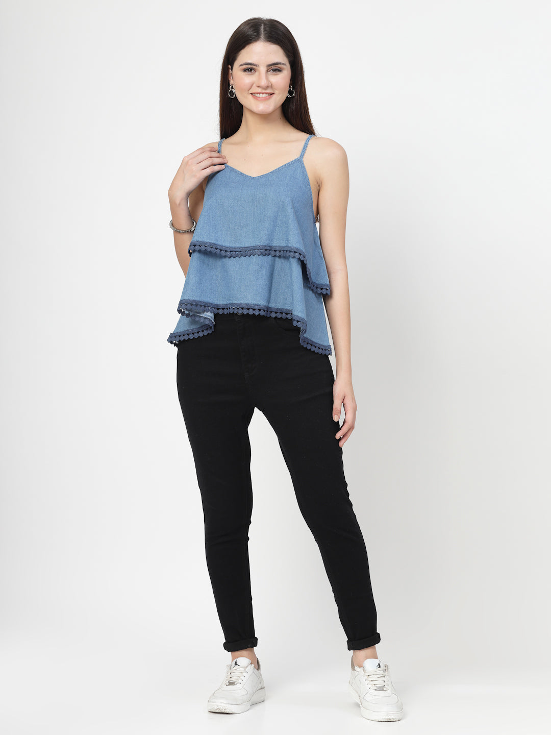 Solid Blue Cotton Blend Layered Top With Lace - Cosmic Trio