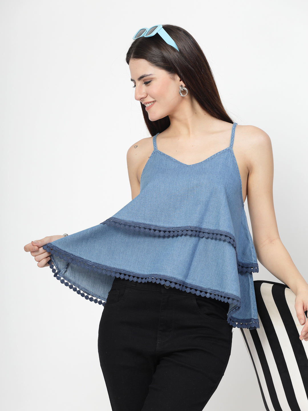 Solid Blue Cotton Blend Layered Top With Lace - Cosmic Trio