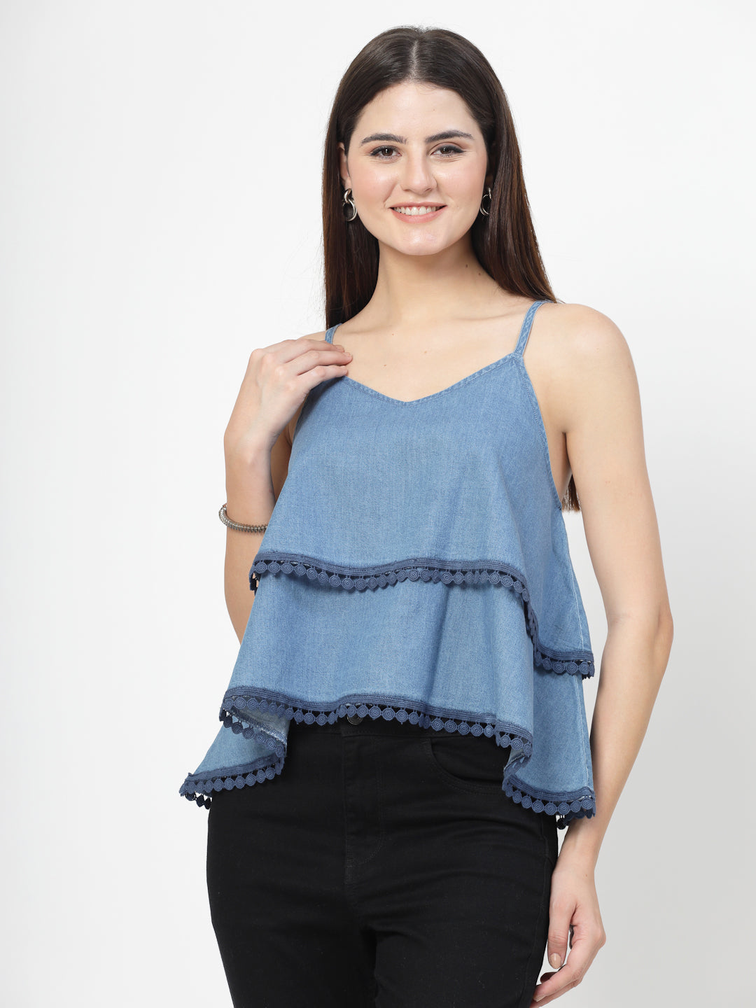 Solid Blue Cotton Blend Layered Top With Lace - Cosmic Trio