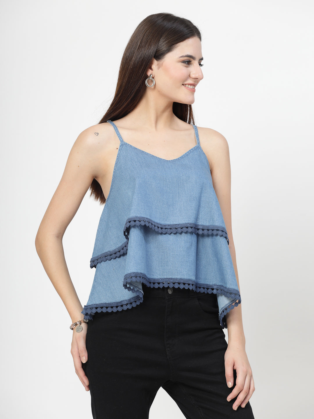 Solid Blue Cotton Blend Layered Top With Lace - Cosmic Trio