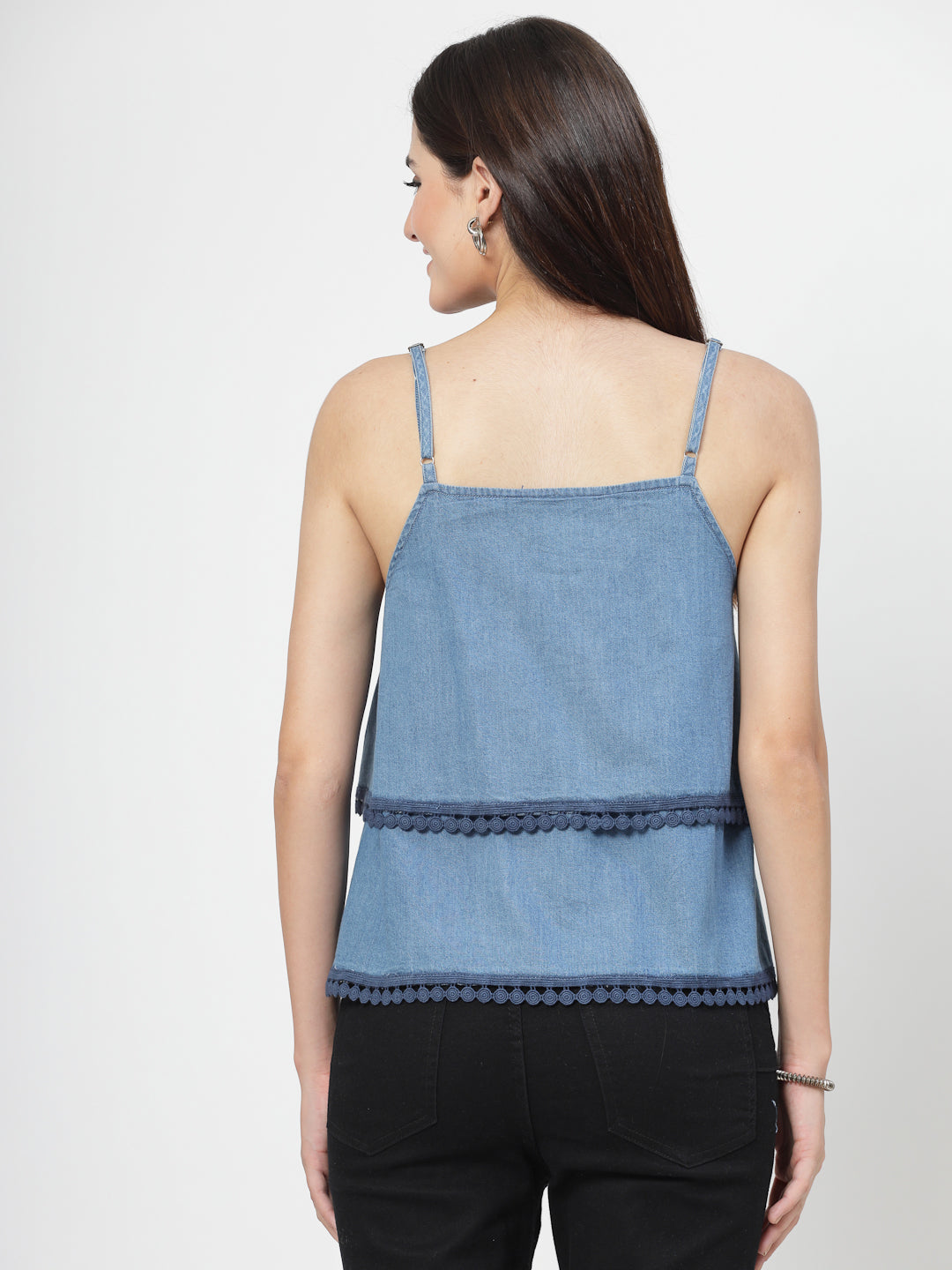 Solid Blue Cotton Blend Layered Top With Lace - Cosmic Trio
