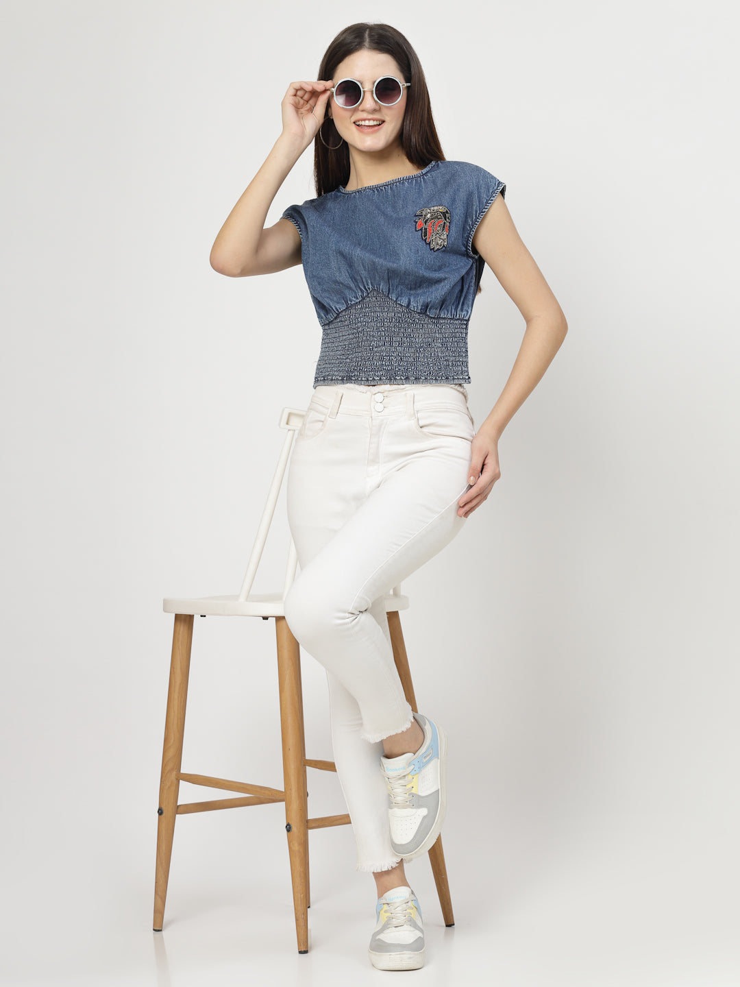 Denim Blue Cotton Blend Crop Top With Smoking - Cosmic Trio