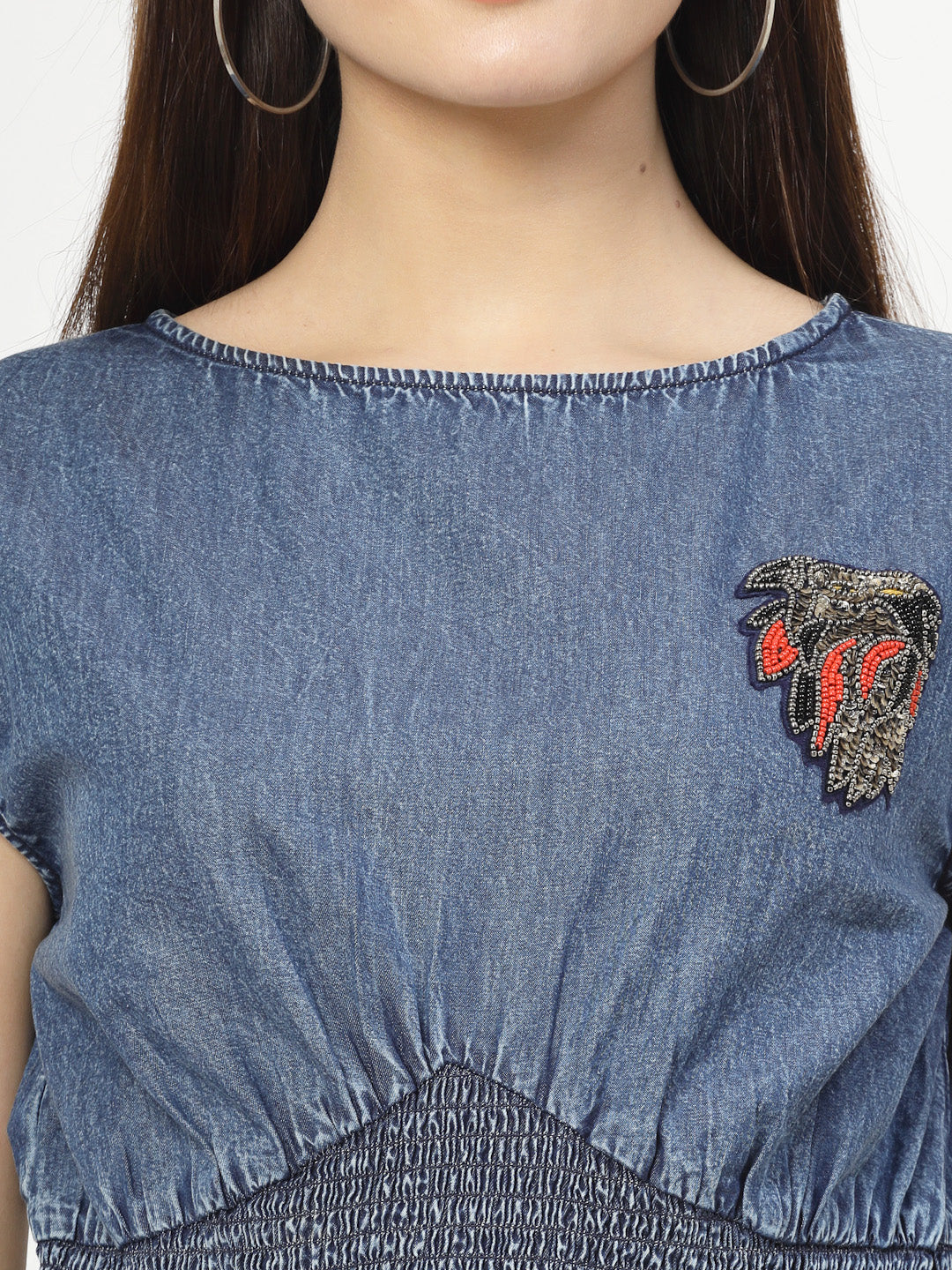 Denim Blue Cotton Blend Crop Top With Smoking - Cosmic Trio