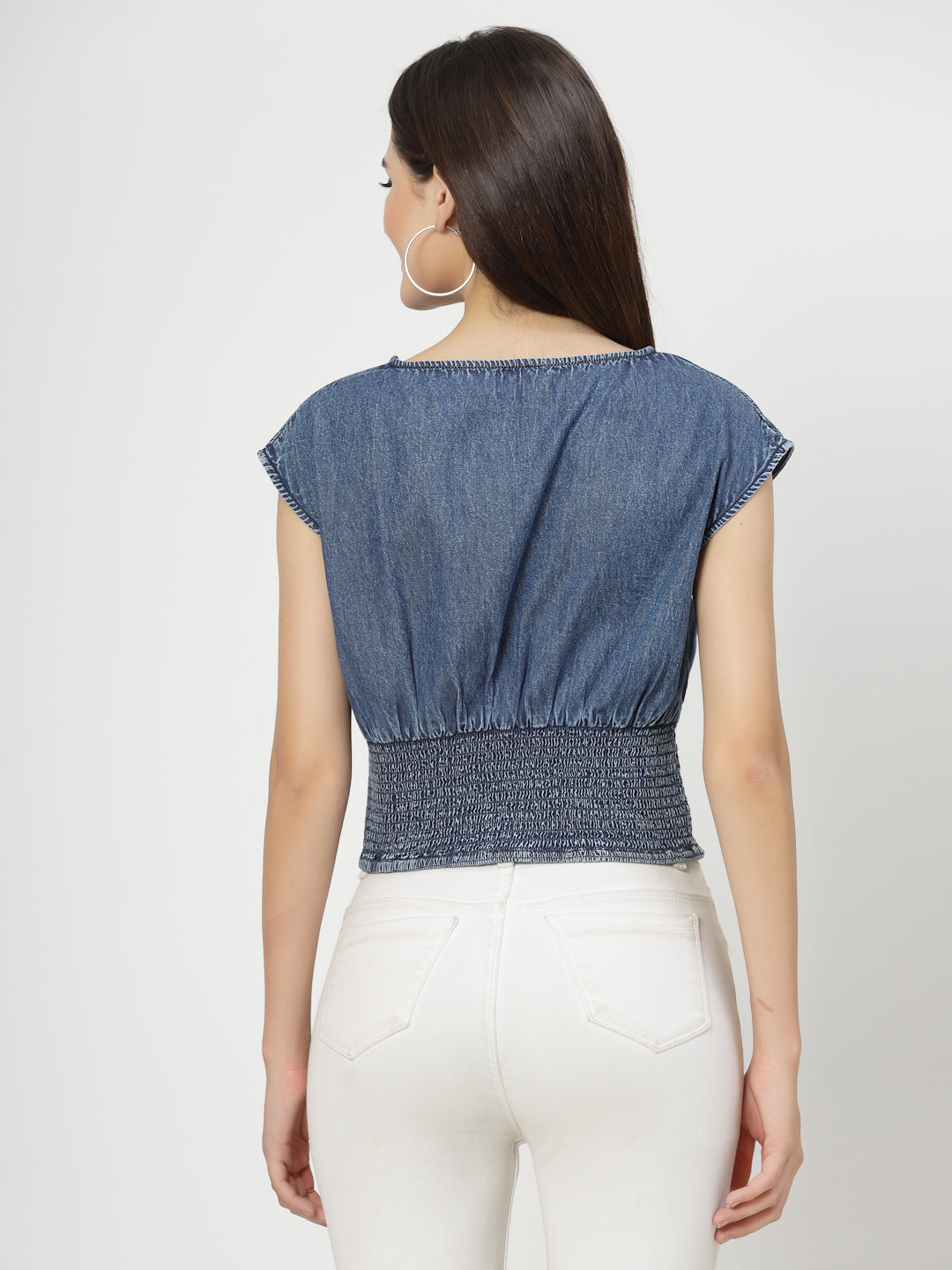 Denim Blue Cotton Blend Crop Top With Smoking - Cosmic Trio