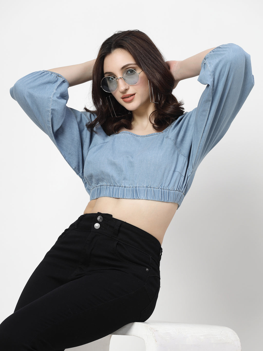 Light Indigo Denim Crop Top With Full Sleeves - Cosmic Trio