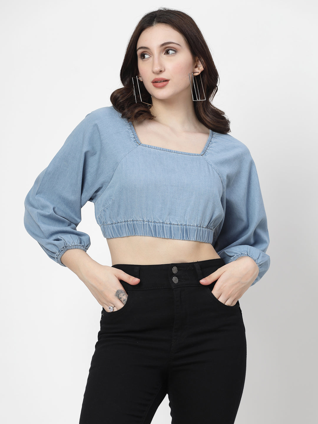 Light Indigo Denim Crop Top With Full Sleeves - Cosmic Trio