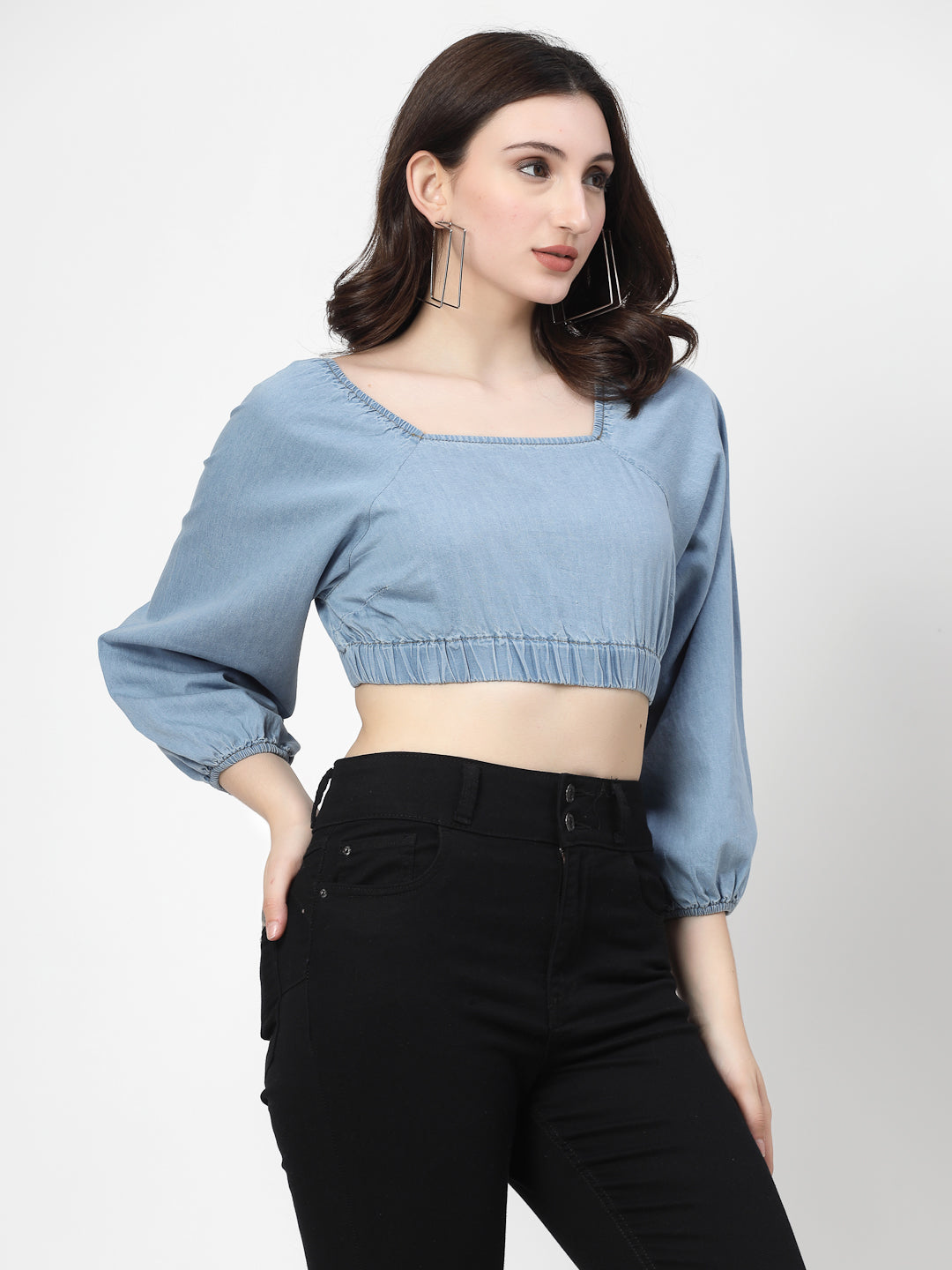 Light Indigo Denim Crop Top With Full Sleeves - Cosmic Trio