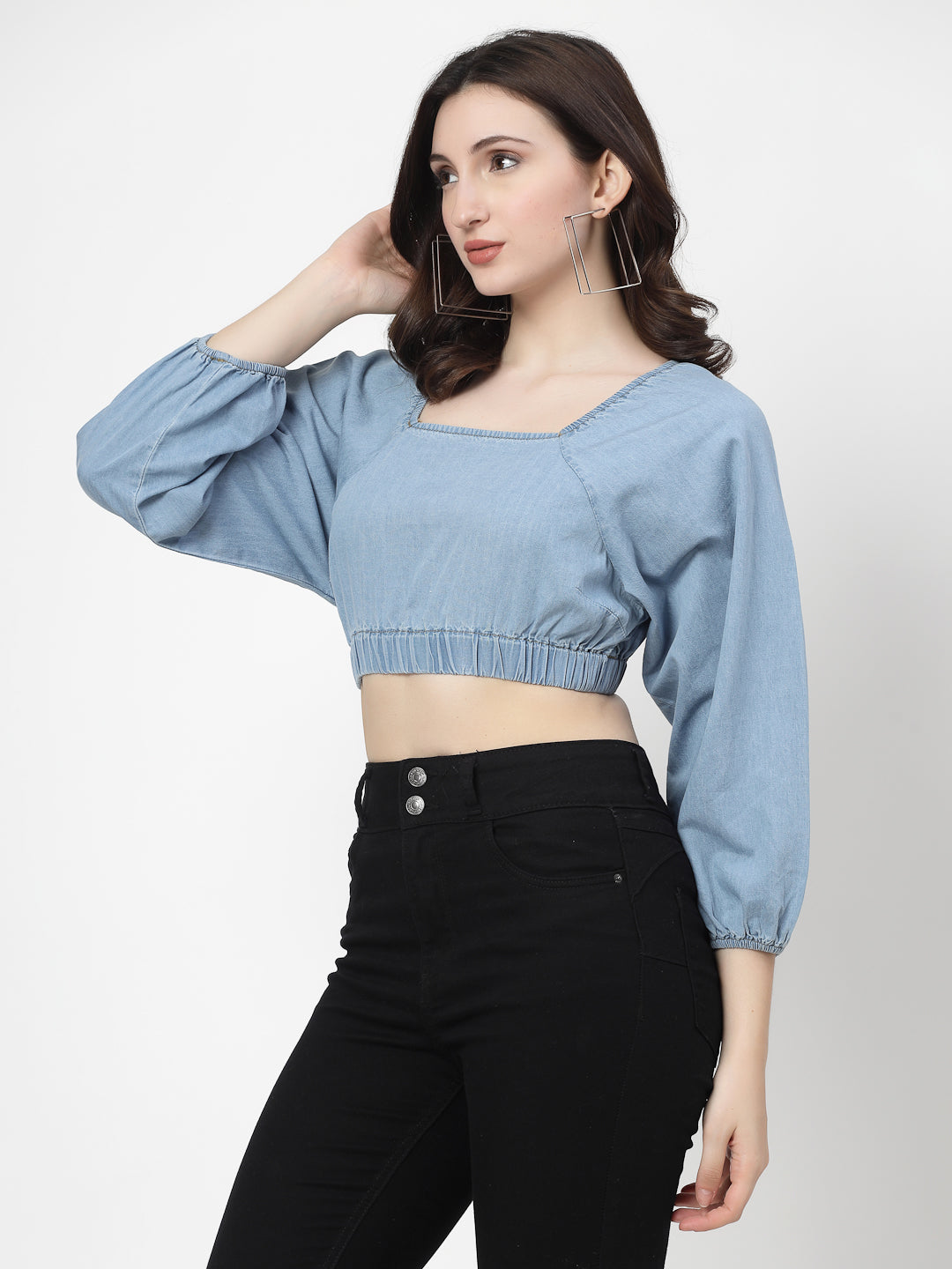 Light Indigo Denim Crop Top With Full Sleeves - Cosmic Trio