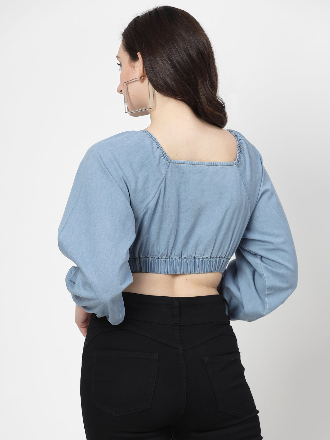 Light Indigo Denim Crop Top With Full Sleeves - Cosmic Trio