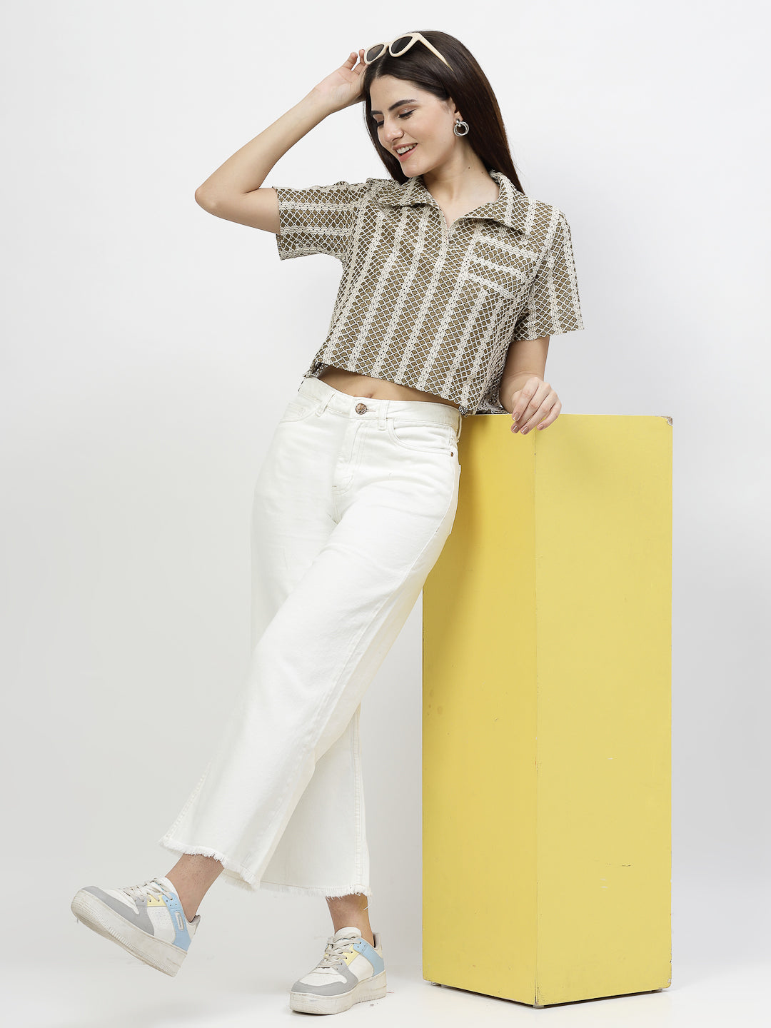 Off White Self-Designed Crop Top - Cosmic Trio