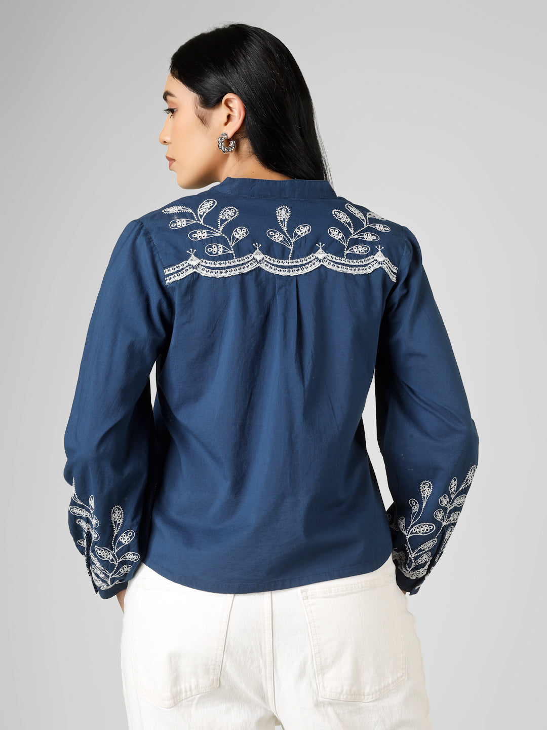 Blue Embroidered Long Sleeve Button-Down Top Women