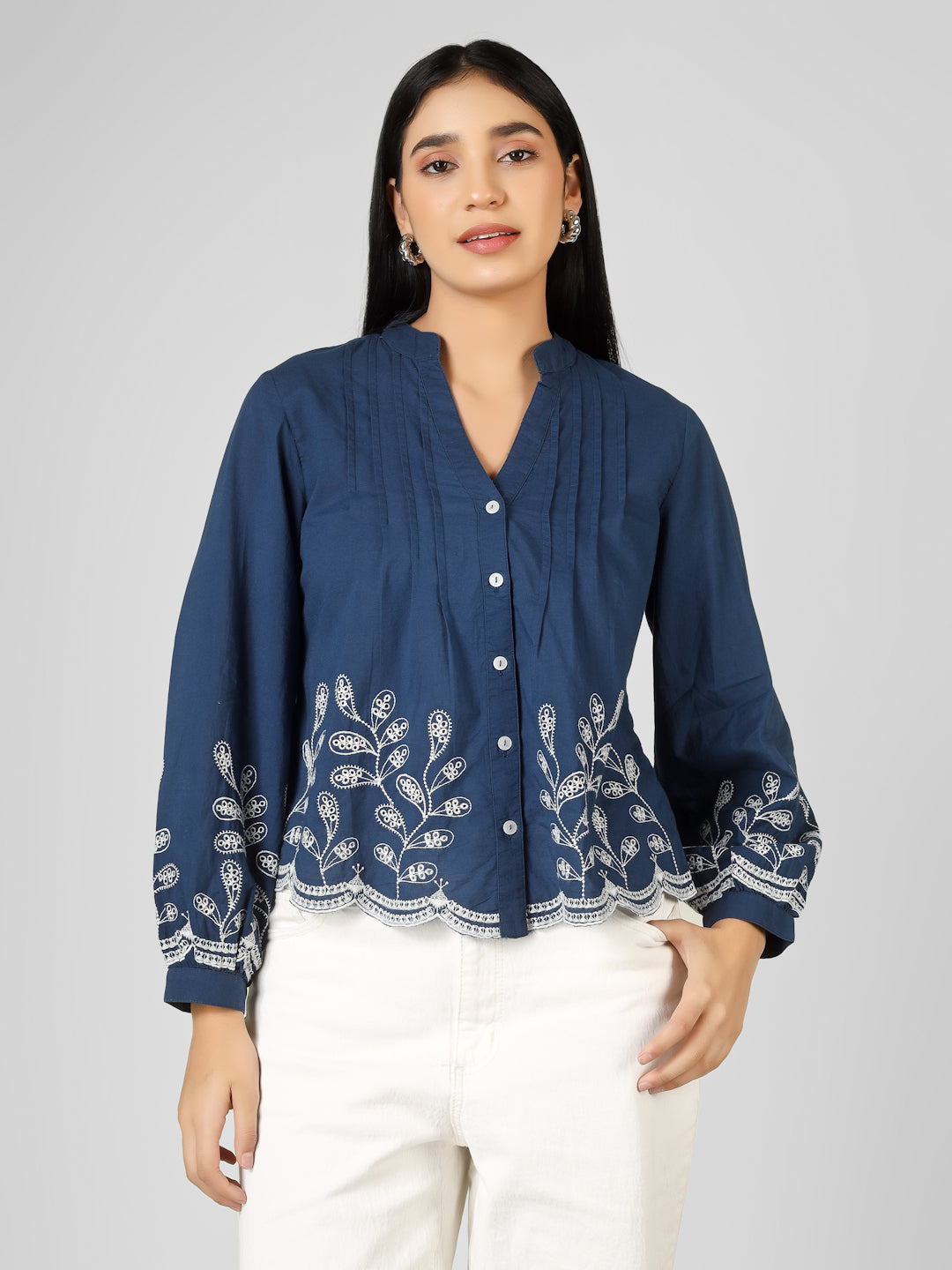 Blue Embroidered Long Sleeve Button-Down Top Women