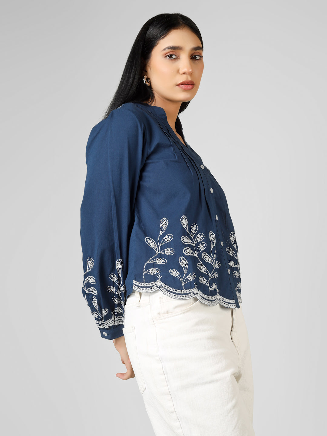 Blue Embroidered Long Sleeve Button-Down Top Women