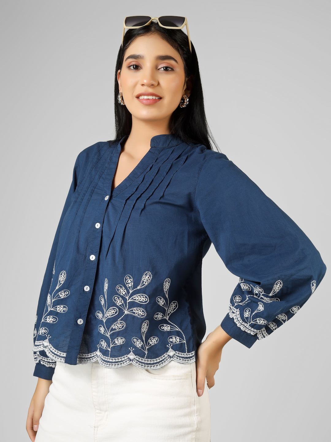 Blue Embroidered Long Sleeve Button-Down Top Women