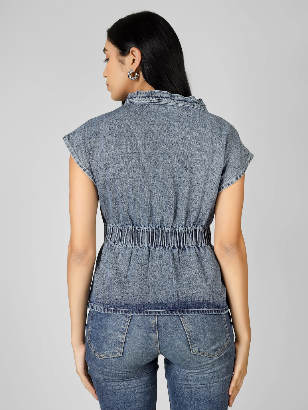 Blue Washed Sleeveless Button-Down Peplum Denim Top for Women