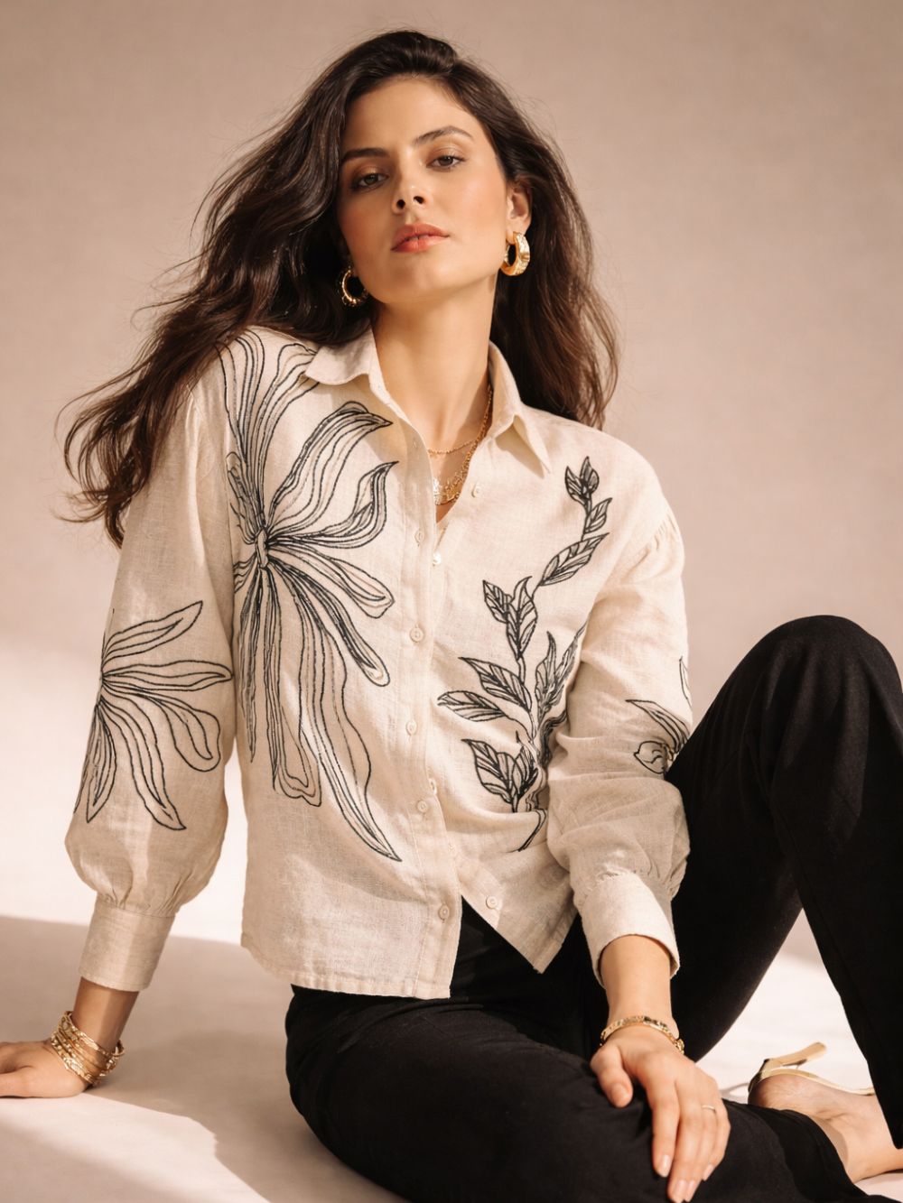 Beige Cotton Collared Loose Fit Full Sleeve Shirt Women