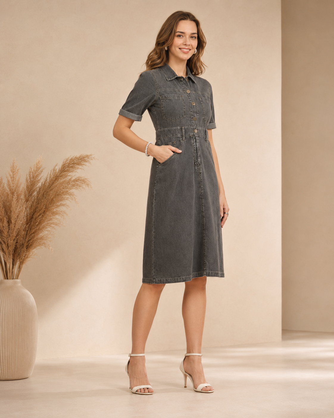 Grey Shaded Denim Shirt Dress for Women with Utility Pockets