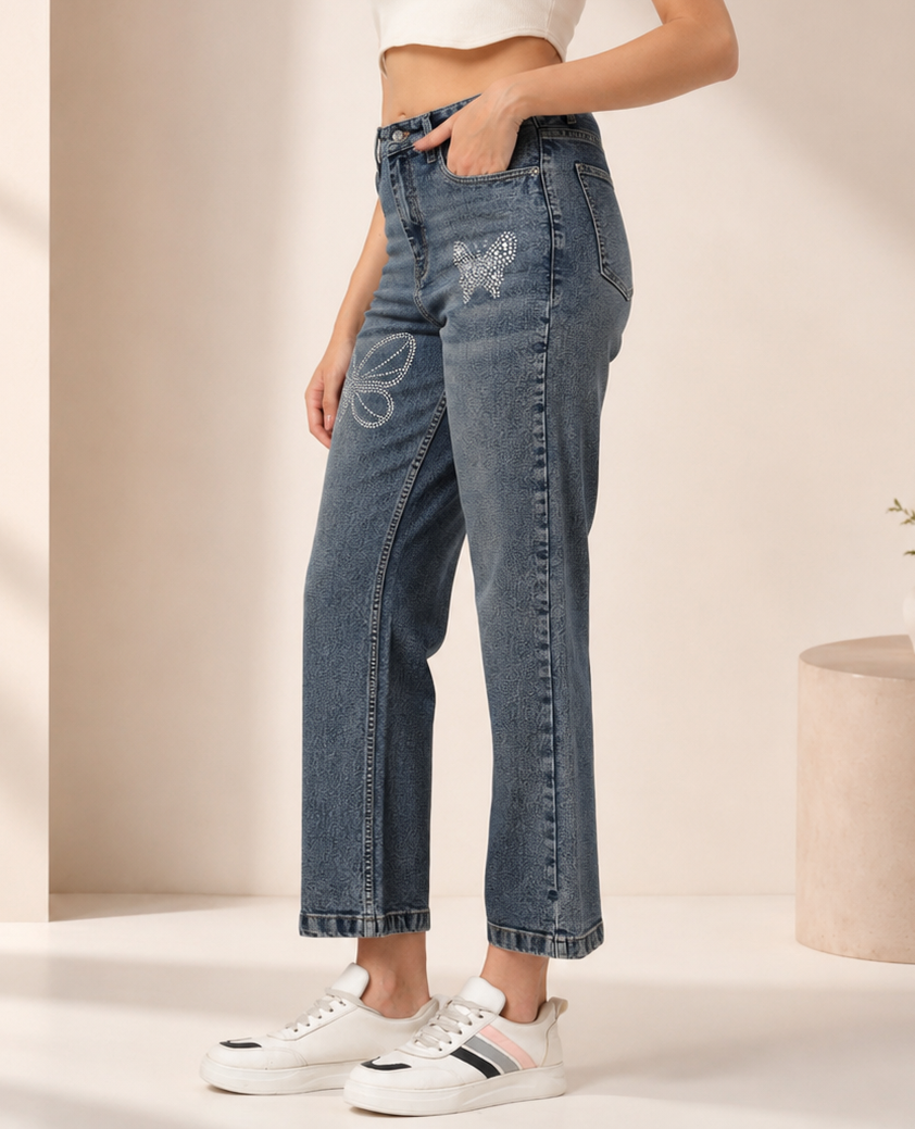 Women Straight Fit Light Fade Embellished Stretchable Jeans