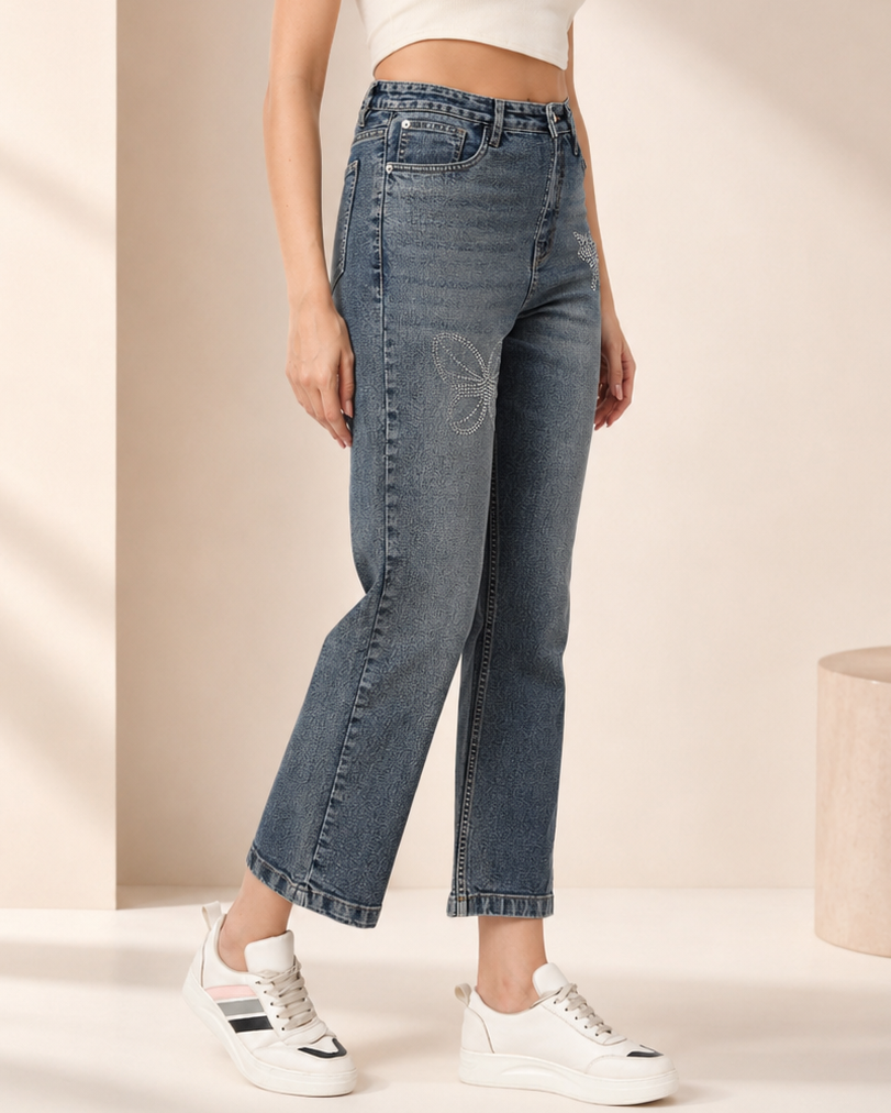 Women Straight Fit Light Fade Embellished Stretchable Jeans