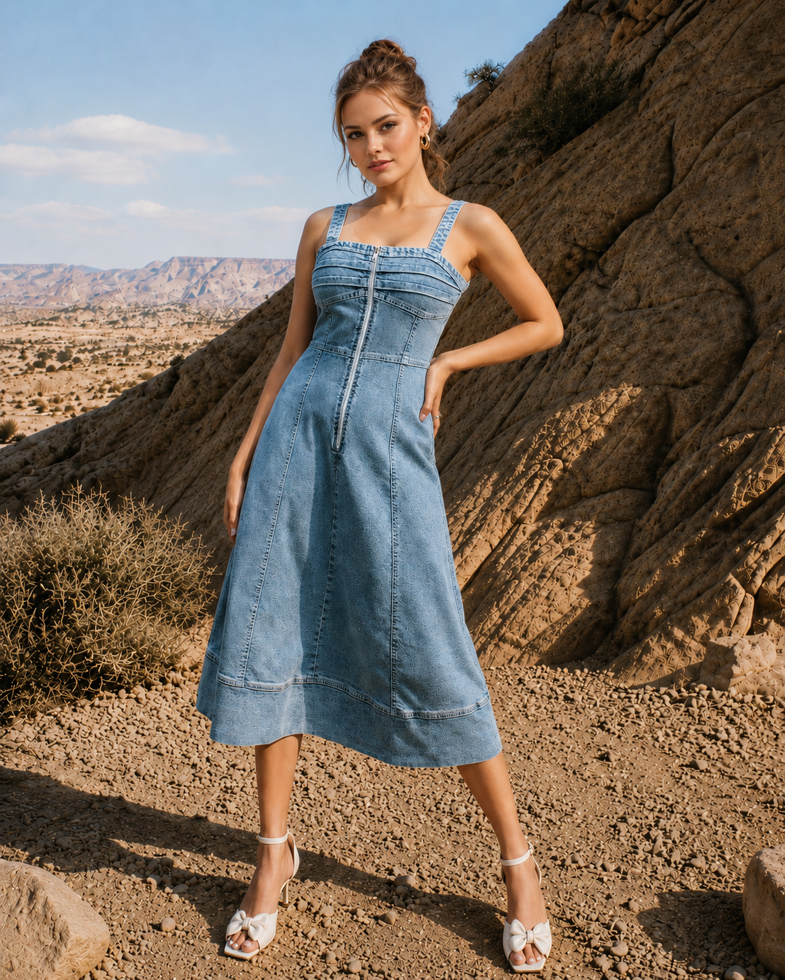 denim a line dress Blue Denim A-Line Dress with Square Neckline