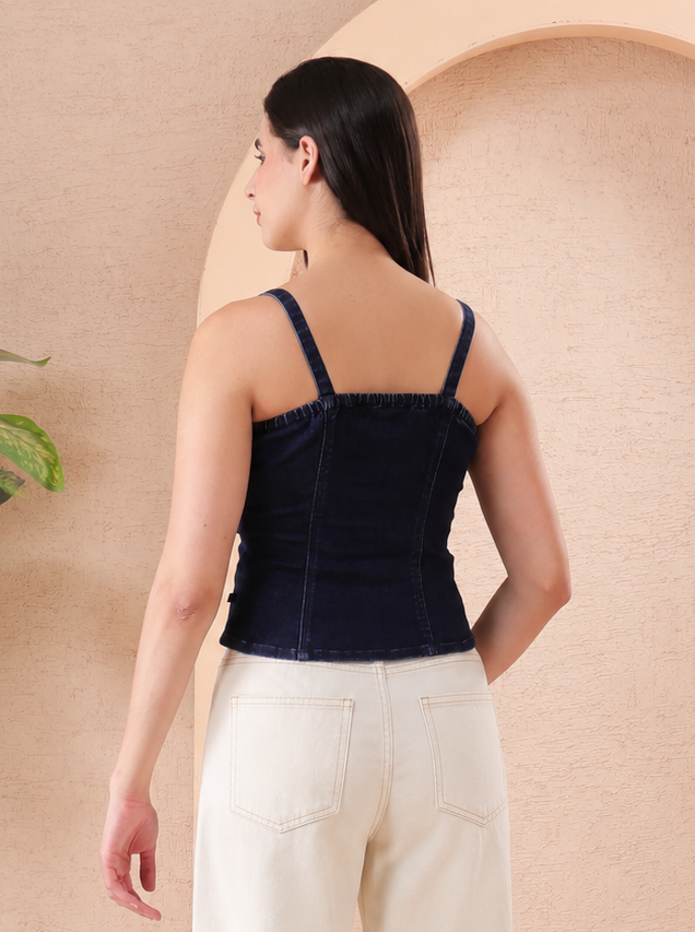 Women’s Dark Indigo Denim Square Neck Buckle Detail Fitted Top