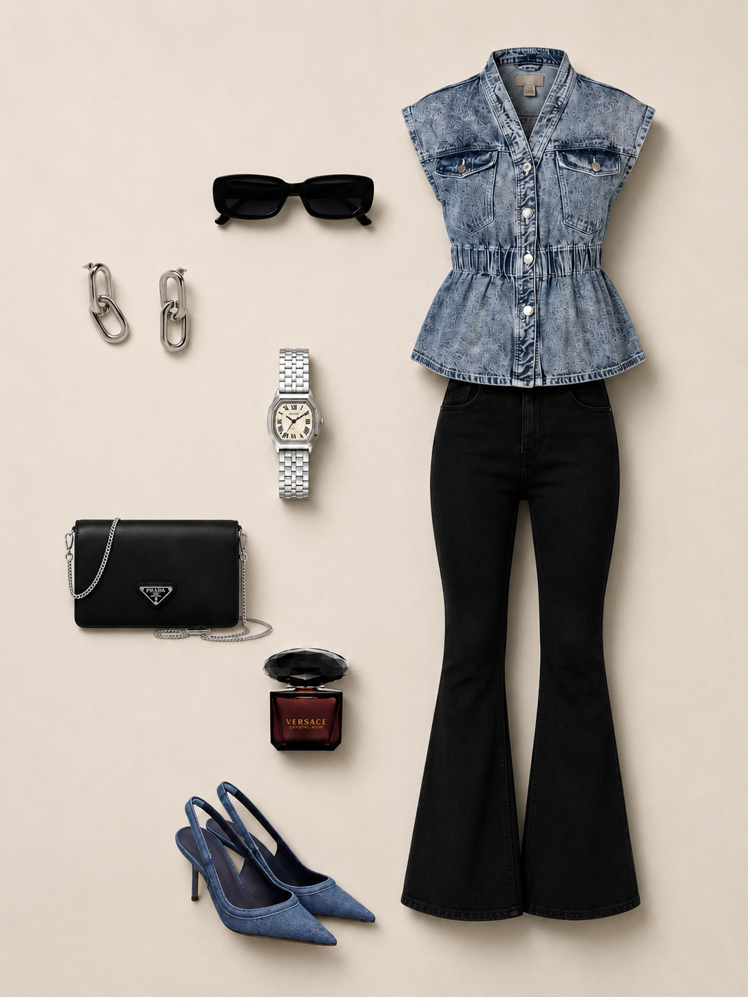 Blue Washed Sleeveless Button-Down Peplum Denim Top for Women