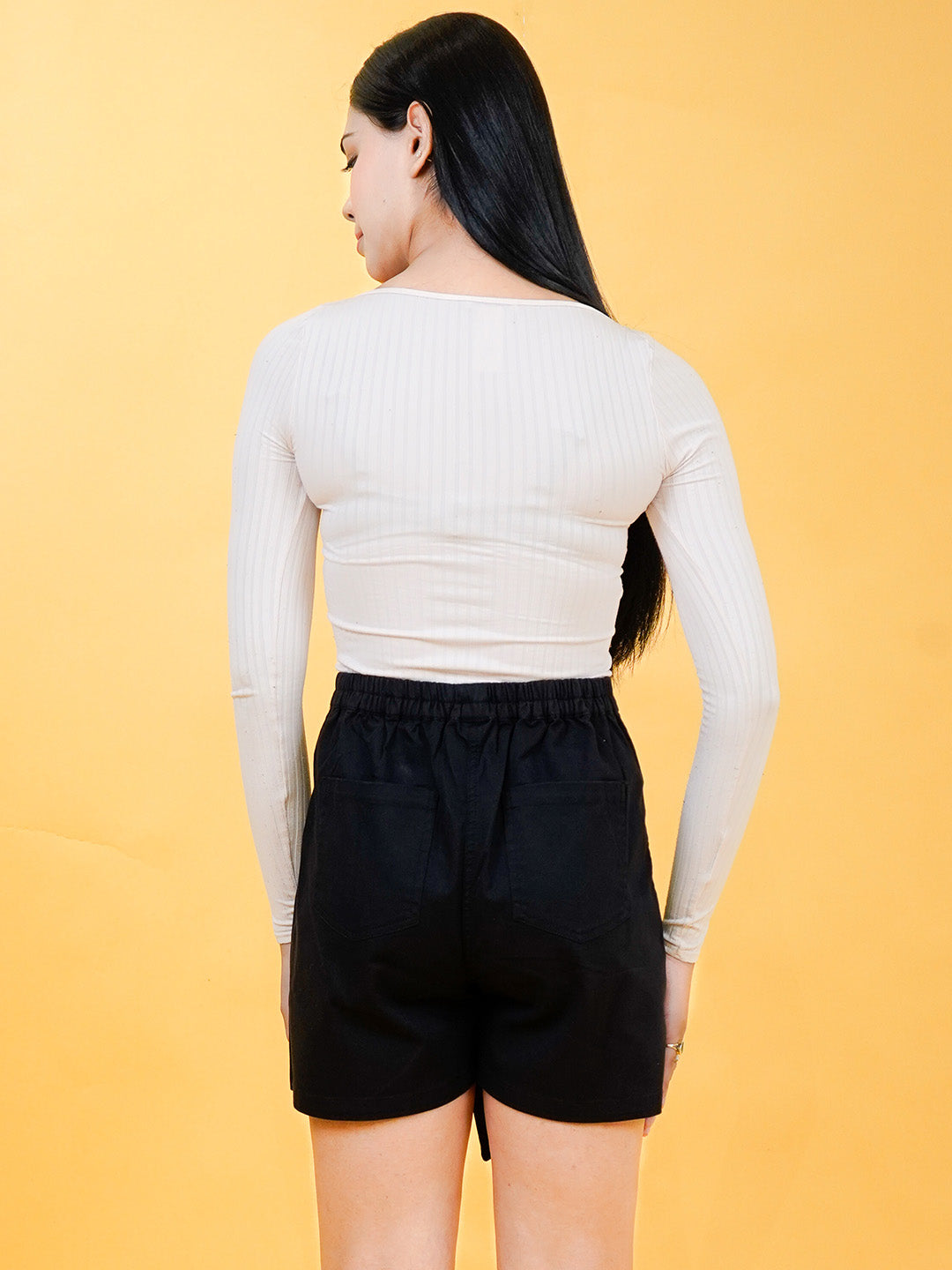 Women's Black Asymmetrical Cotton Blend Shorts - Cosmic Trio
