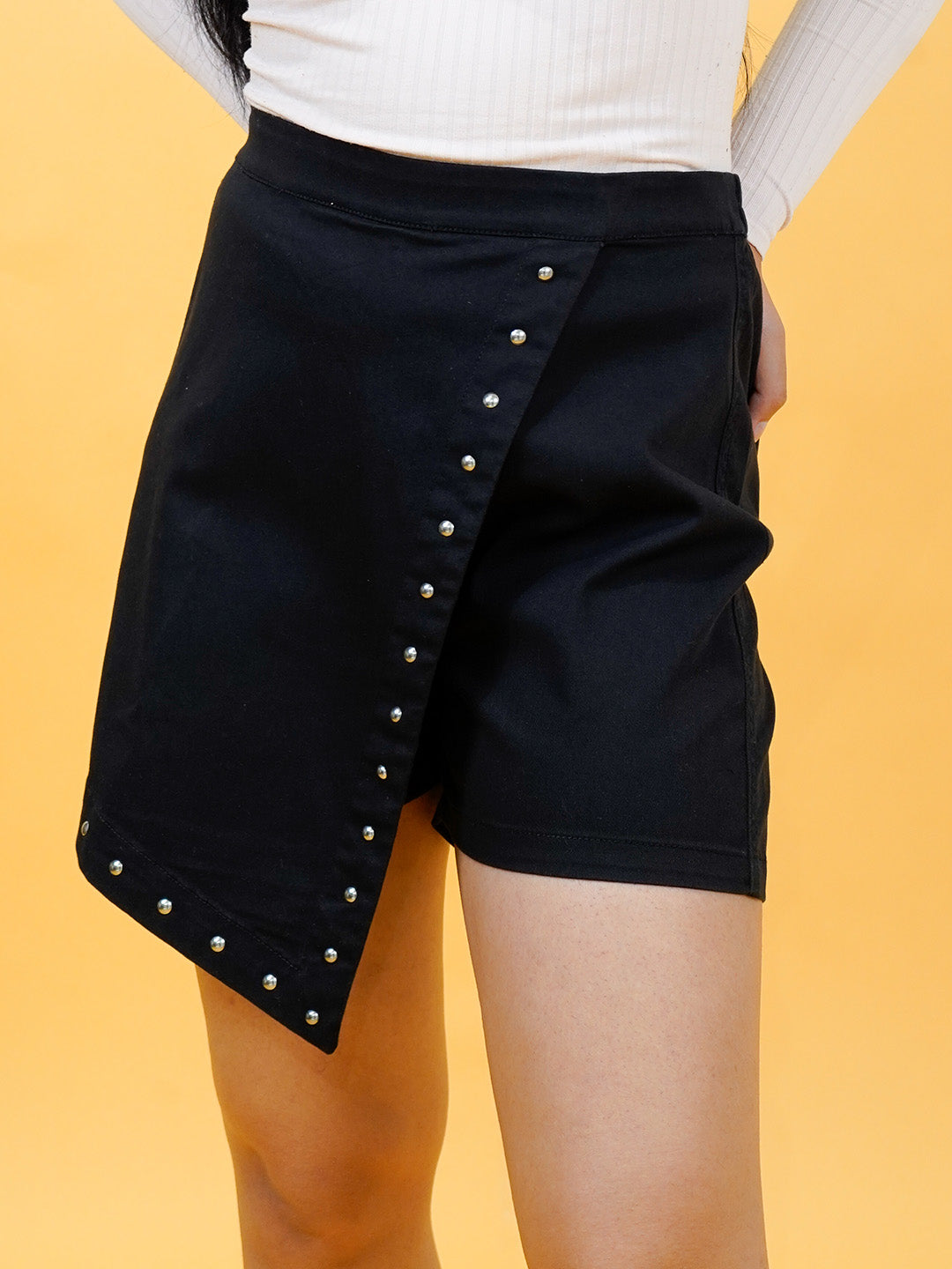 Women's Black Asymmetrical Cotton Blend Shorts - Cosmic Trio
