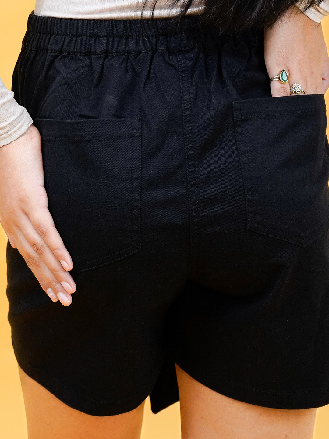 Women's Black Asymmetrical Cotton Blend Shorts - Cosmic Trio