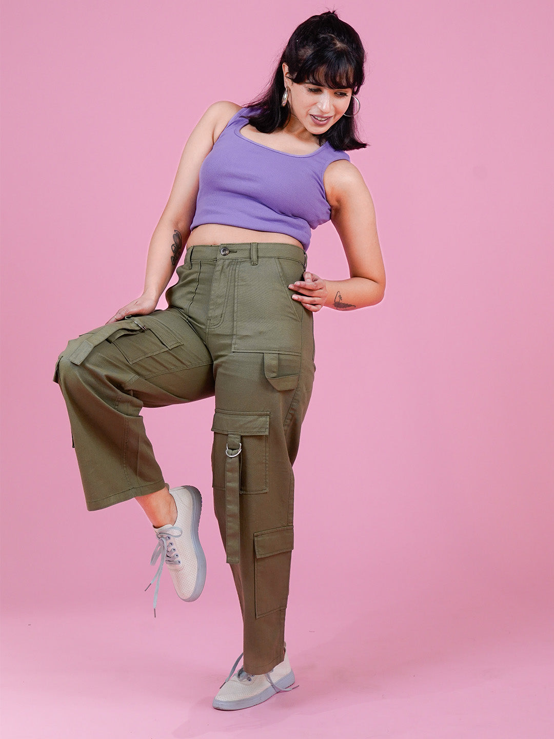 Women's Loose Fit Cargo Pants – Olive Green - Cosmic Trio