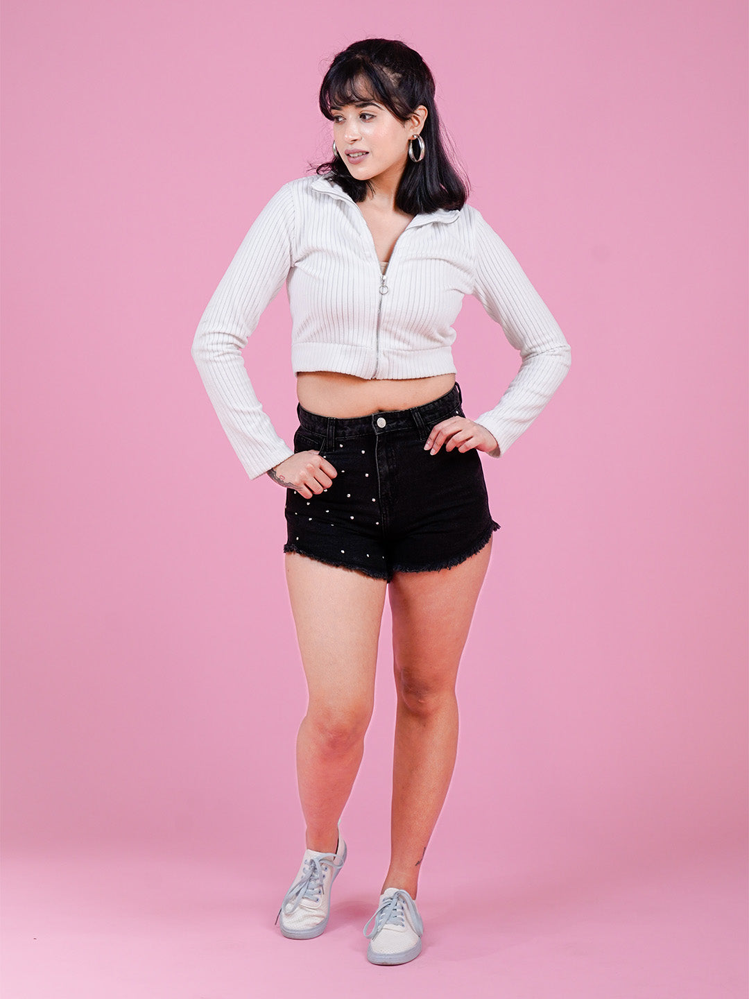 Black Distressed Denim Shorts with Pearl Detailing - Cosmic Trio
