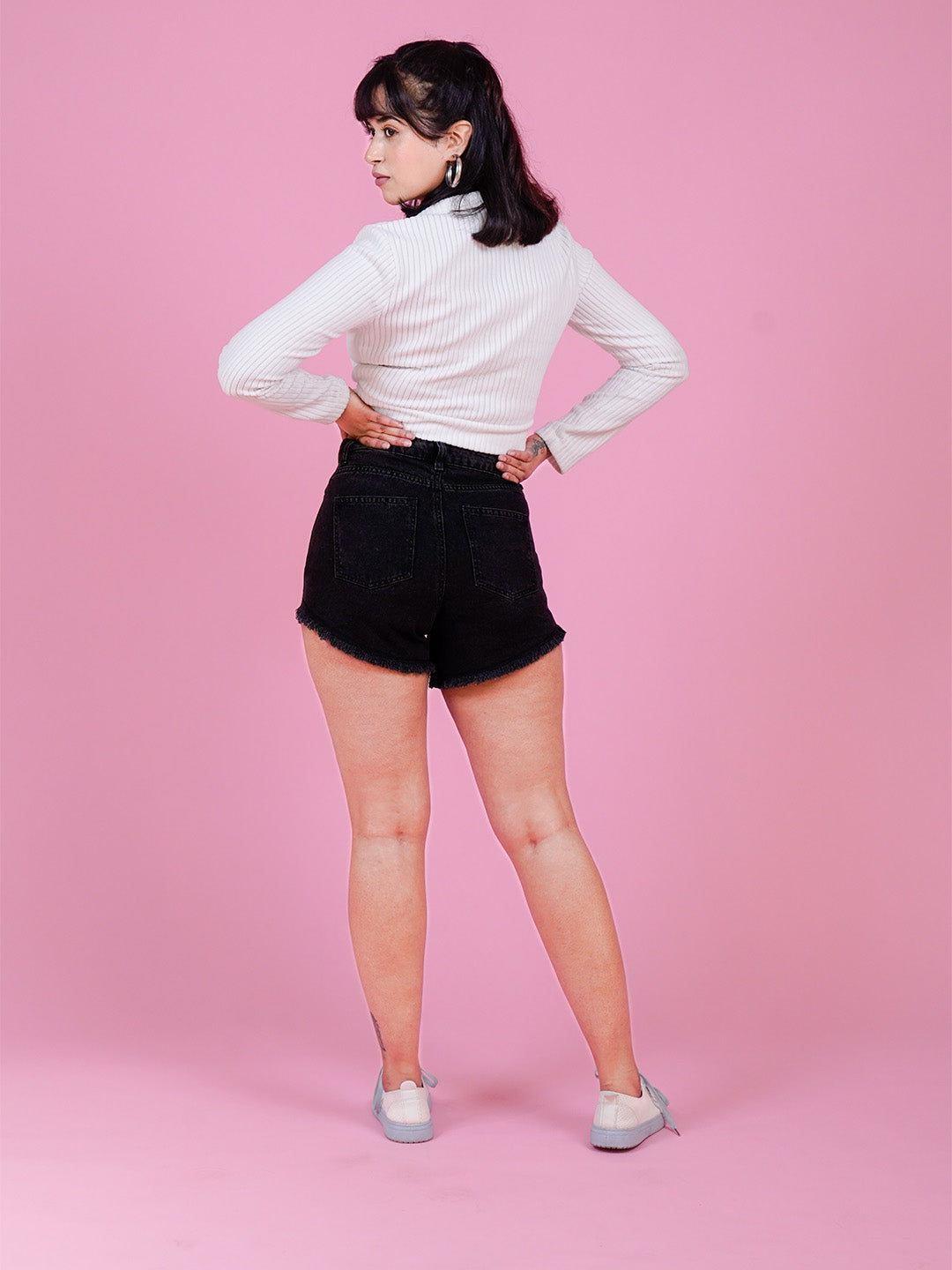 Black Distressed Denim Shorts with Pearl Detailing - Cosmic Trio