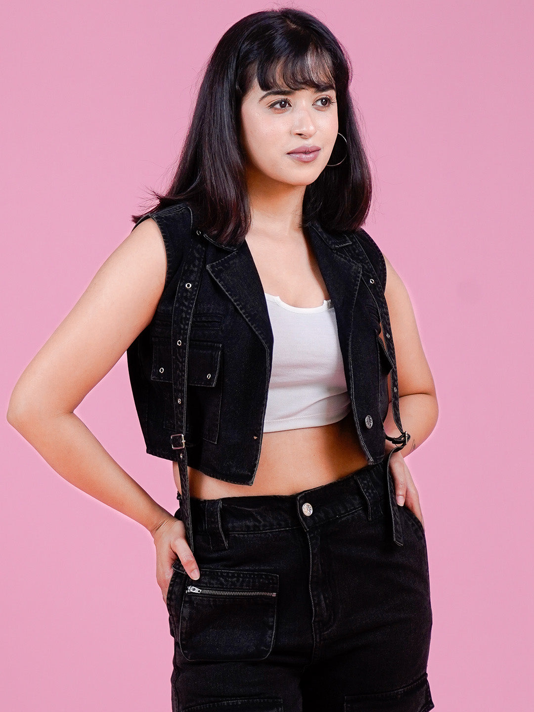 Trendy Black Denim Co-Ord Set - Cosmic Trio