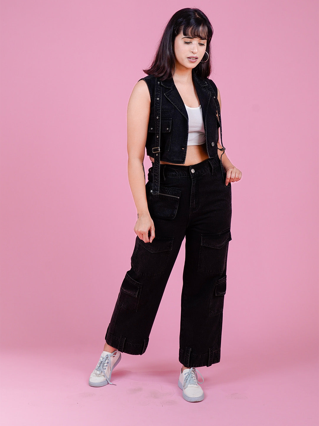 Trendy Black Denim Co-Ord Set - Cosmic Trio