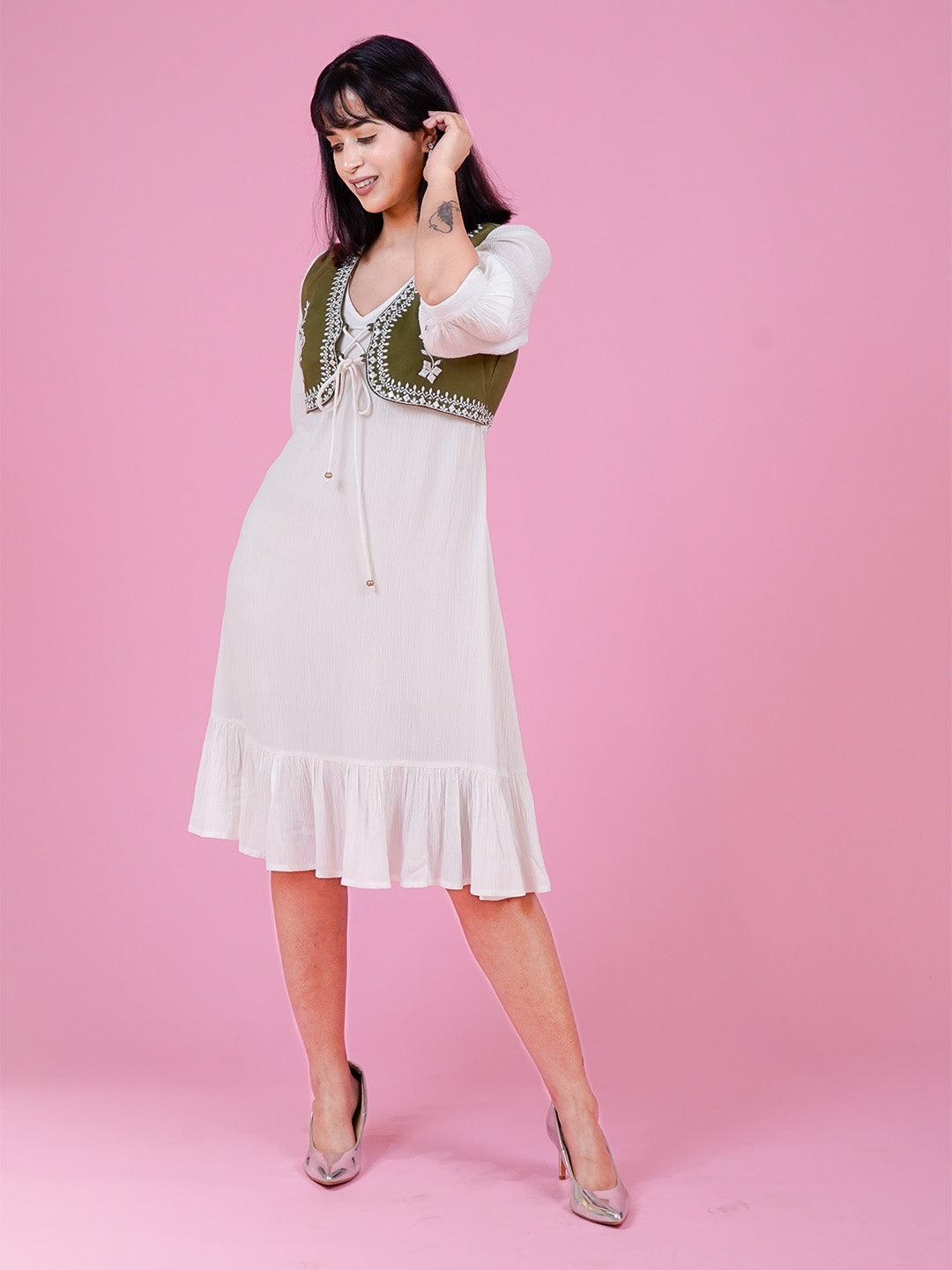 White Embroidered Dress With Denim Jacket