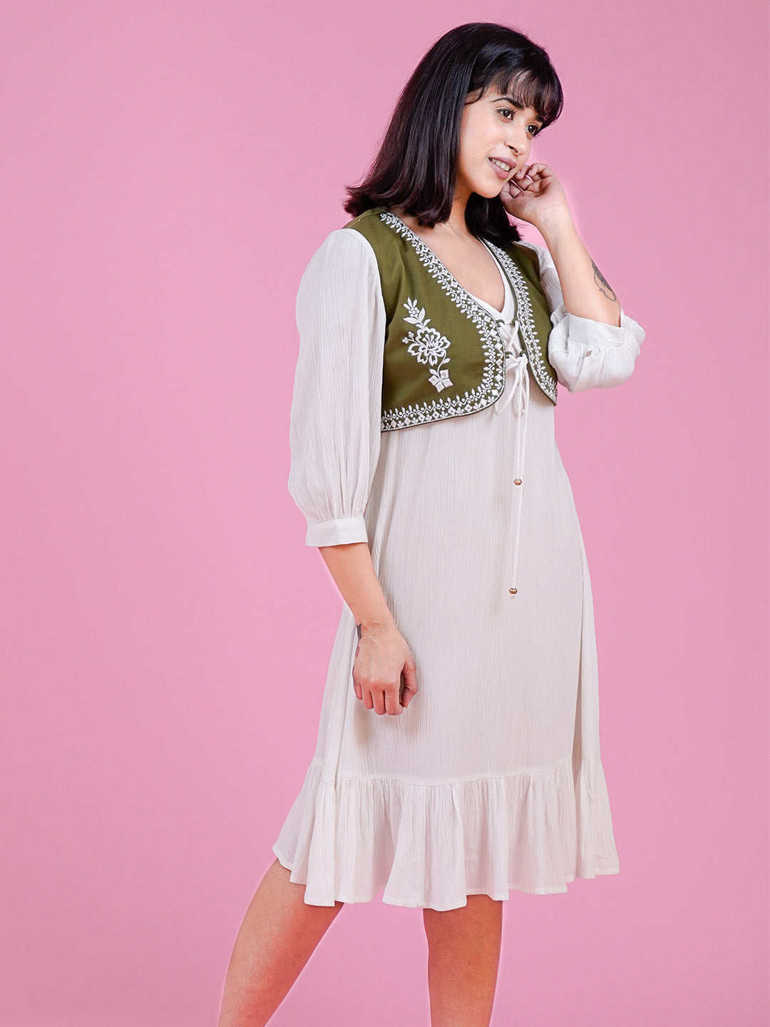 White Embroidered Dress With Denim Jacket