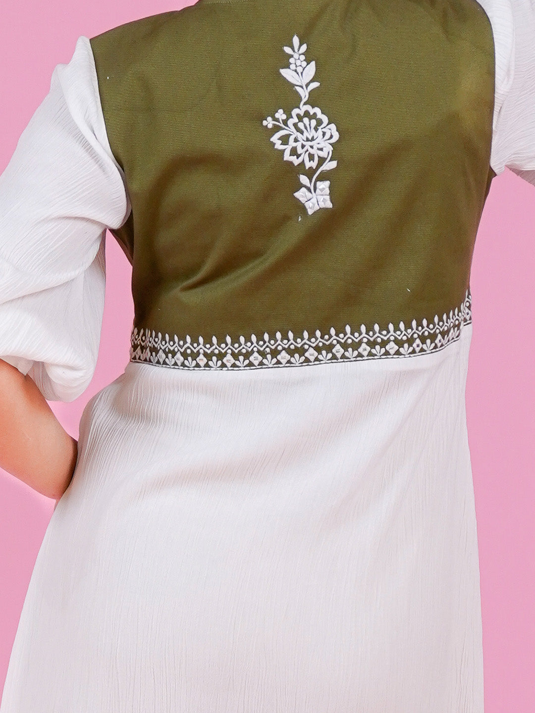White Embroidered Dress With Denim Jacket