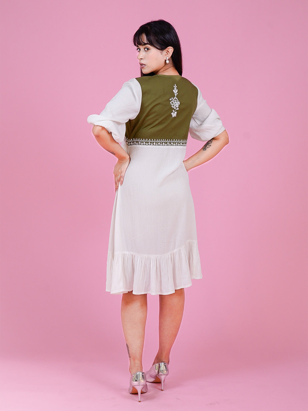 White Embroidered Dress With Denim Jacket