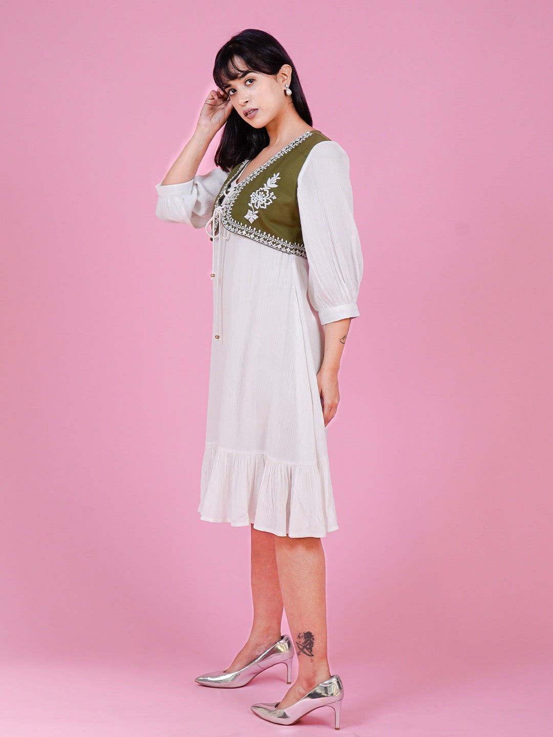 White Embroidered Dress With Denim Jacket